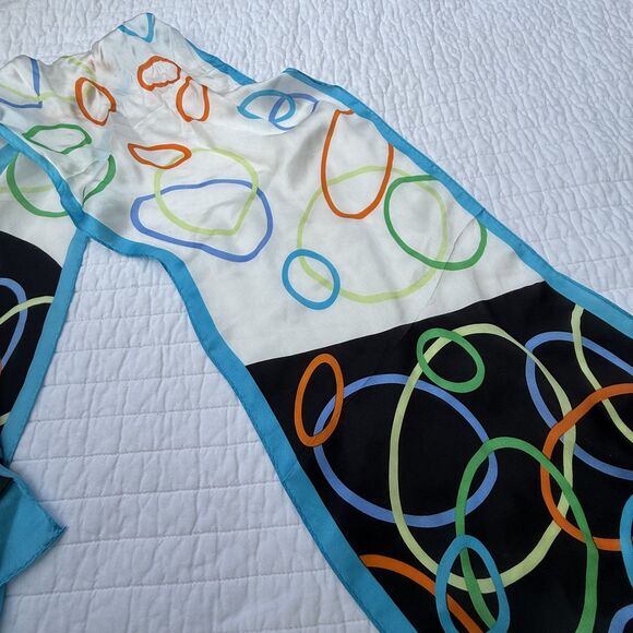 Vintage Long 100% Silk Geometric, Abstract Scarf | Aqua, Black & Ivory - Picture 4 of 10